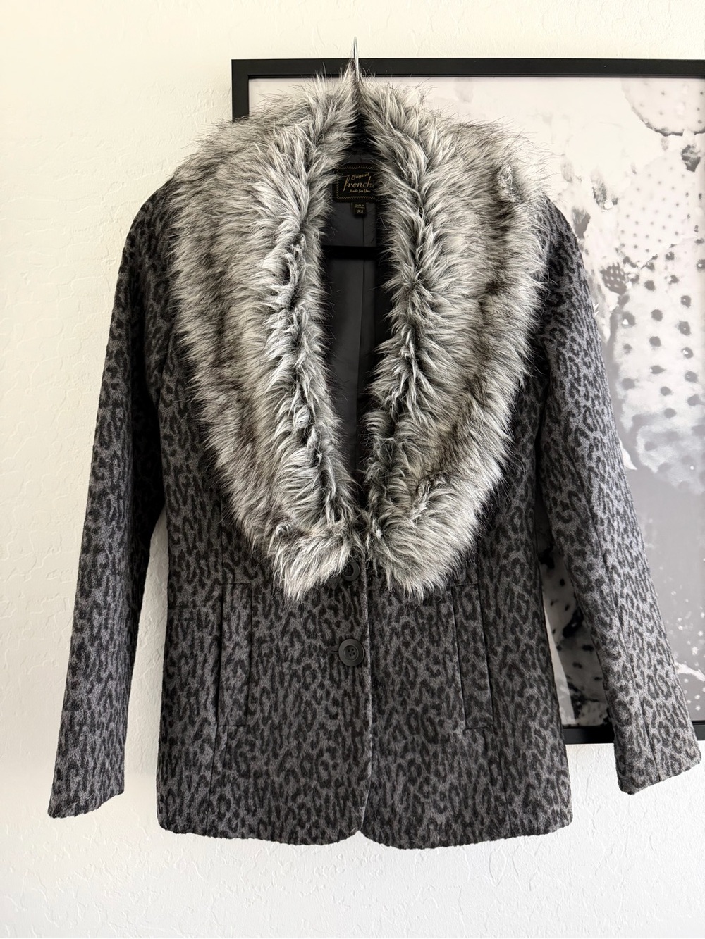 Frenchi Gray Leopard-Print Wool Blend Blazer with Faux Fur Collar size XS